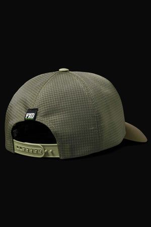 The FXD CP-13 Trucker Cap in khaki green features a grid pattern, breathable fabric, an adjustable snap-back strap, and a black FXD logo tag above the back opening. Displayed from the back against a solid black background.