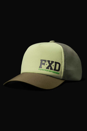 The FXD CP-13 Trucker Cap features a light green front, dark green mesh back, and brown brim. With "FXD" in bold black and "FUNCTION BY DESIGN" in green, it’s made of breathable material and has an adjustable snap-back.