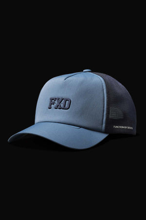 The FXD CP-13 Trucker Cap has a blue design with "FXD" on the front, breathable mesh back, and a moisture-wicking sweatband. The side brim reads "FUNCTION BY DESIGN," set against a dark background for added style.