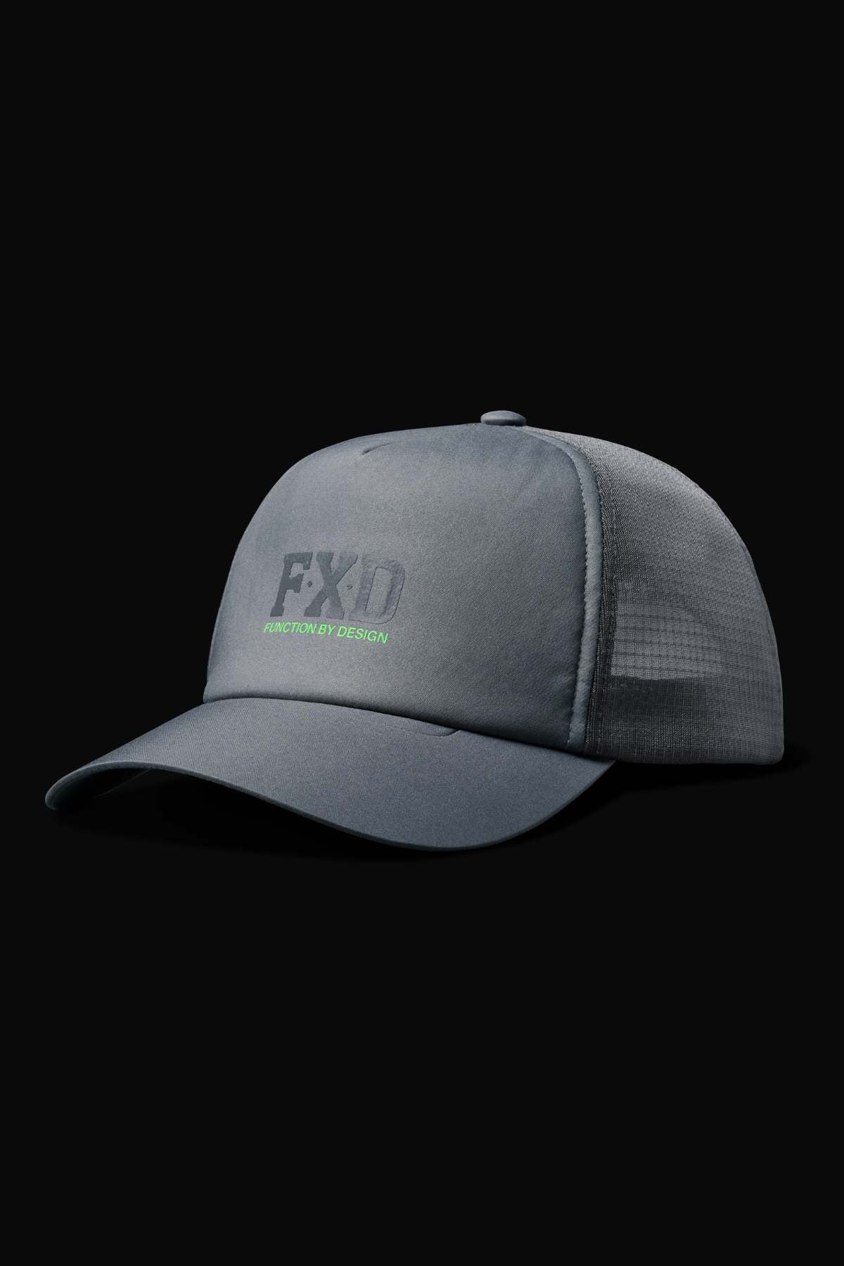 The FXD CP-13 Trucker Cap is a dark gray, breathable cap featuring "FXD" and "Function by Design" on the front, with an adjustable snap-back, shown against a plain black background.