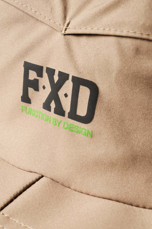 Close-up of the FXD CP-14 Boonie Hat with "FXD" in bold black letters and "FUNCTION BY DESIGN" in green, showcasing its rugged style. The visible stitching and folds highlight durability, making it perfect for workwear or sun protection.