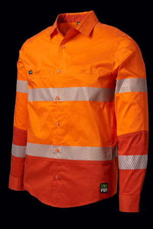 The FXD LSH-2T Stretch Taped Hi Vis Long Sleeve Work Shirt is fluorescent orange with reflective silver stripes around the torso and sleeves. It features a button-up front, two chest pockets with button flaps, a small logo patch above the left pocket, and is Hi-Visibility Class D/N compliant.