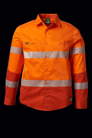 The FXD LSH-2T Stretch Taped Hi Vis Long Sleeve Work Shirt is a high-visibility orange shirt with reflective tape across the chest, arms, and waist. It features a button-up front and collar, displaying the "FXD" logo on the chest and bottom. The shirt is showcased against a black background.