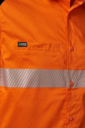 Detailed view of the FXD LSH-2T Stretch Taped Hi Vis Long Sleeve Work Shirt showcasing a horizontal reflective tape across the chest. This Hi-Visibility Class D/N shirt sports the "FXD" logo on the left side above the pocket and features orange buttons along the front.