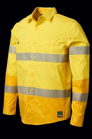 The FXD LSH-2T Stretch Taped Hi Vis Long Sleeve Work Shirt is a yellow high-visibility long-sleeve work shirt designed with reflective silver stripes across the chest, mid-section, and arms. It features a collar, button front, and a logo patch near the bottom hem.