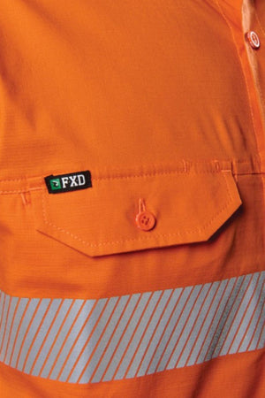 Close-up of the FXD LSH-4T Work Shirt in orange featuring a buttoned pocket, reflective silver stripes, and a small black and green FXD label above the pocket.