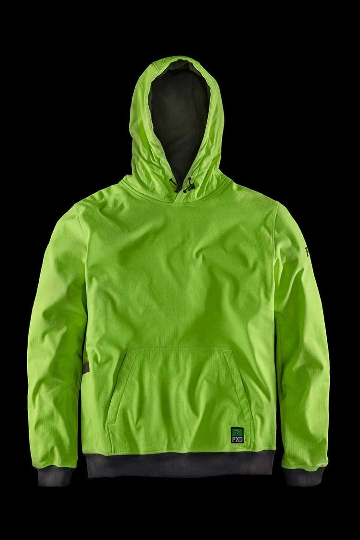 The FXD WF-1 Hoodie is a lime green hooded sweatshirt featuring a front pouch pocket and black drawstrings. The cuffs and waistband come in a darker shade for contrast, adding to its stylish design. Made from windproof fleece, it includes a logo patch near the bottom of the pouch pocket and a small emblem on the left sleeve.