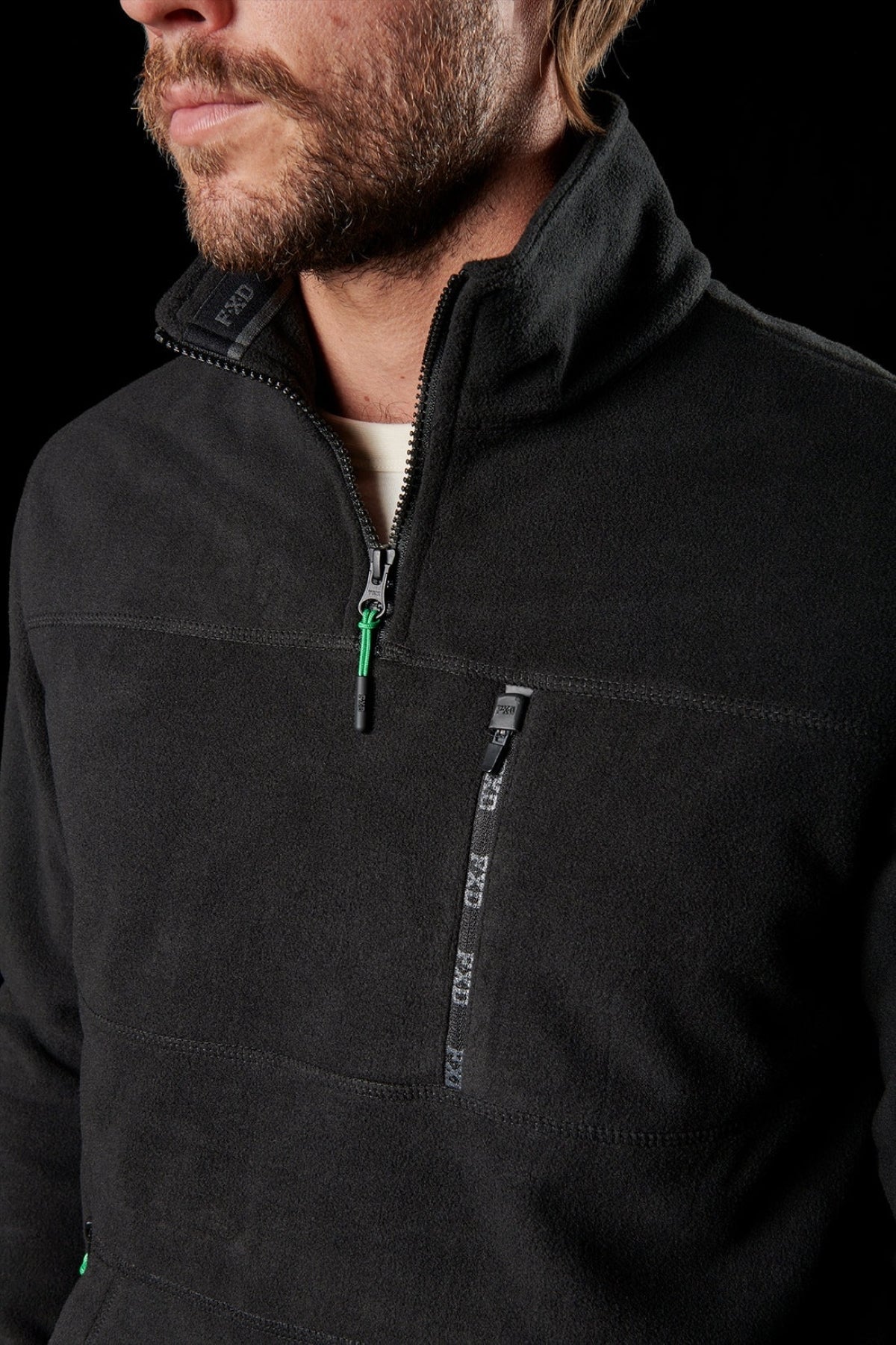 A bearded man wears the FXD WF-2 Fleece, a black windproof pullover with a quarter-zip collar and zippered chest pocket. Only his lower face and torso are visible against a black background.