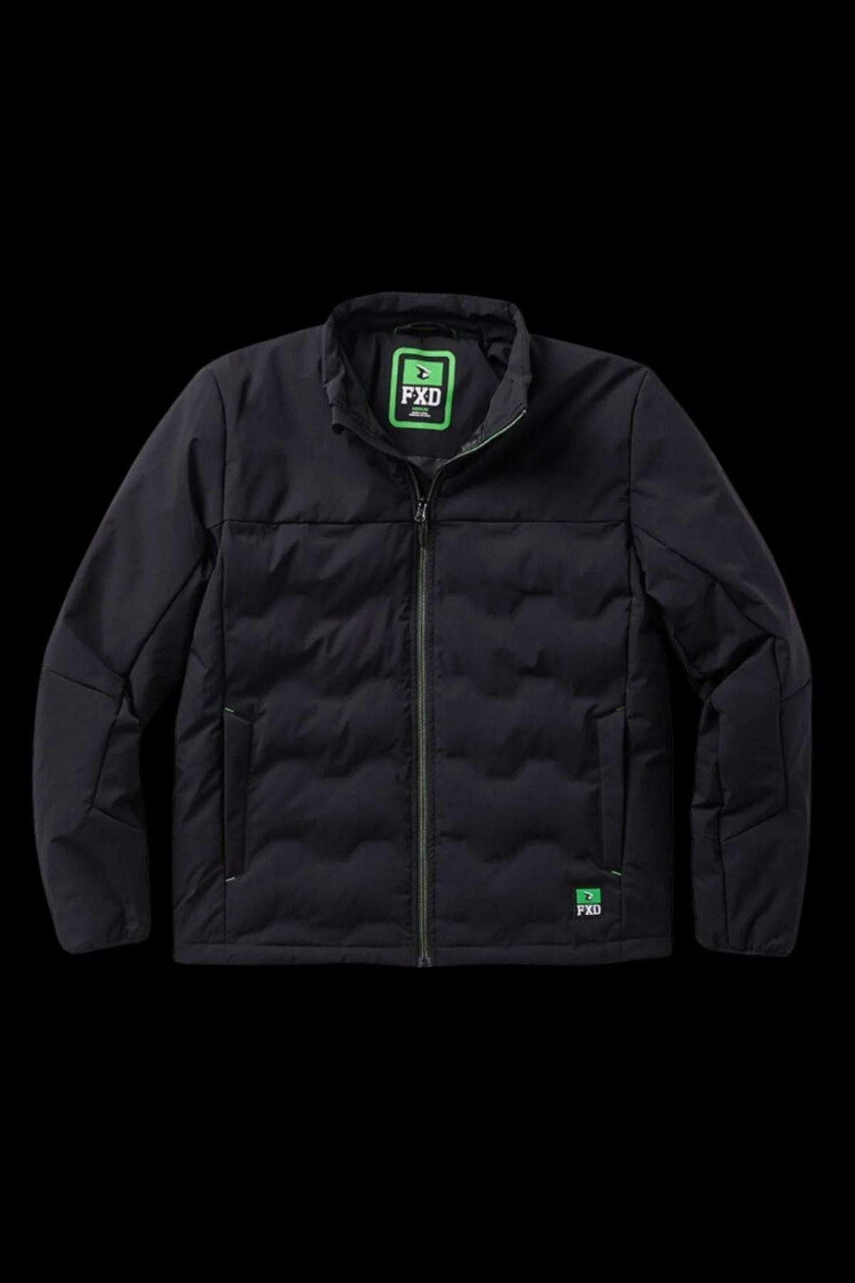 The FXD WO-5 Jacket in black is a puffer with a front zipper, stand-up collar, DWR finish, and green FXD branding on the inside neck label and front pocket, shown against a black background.