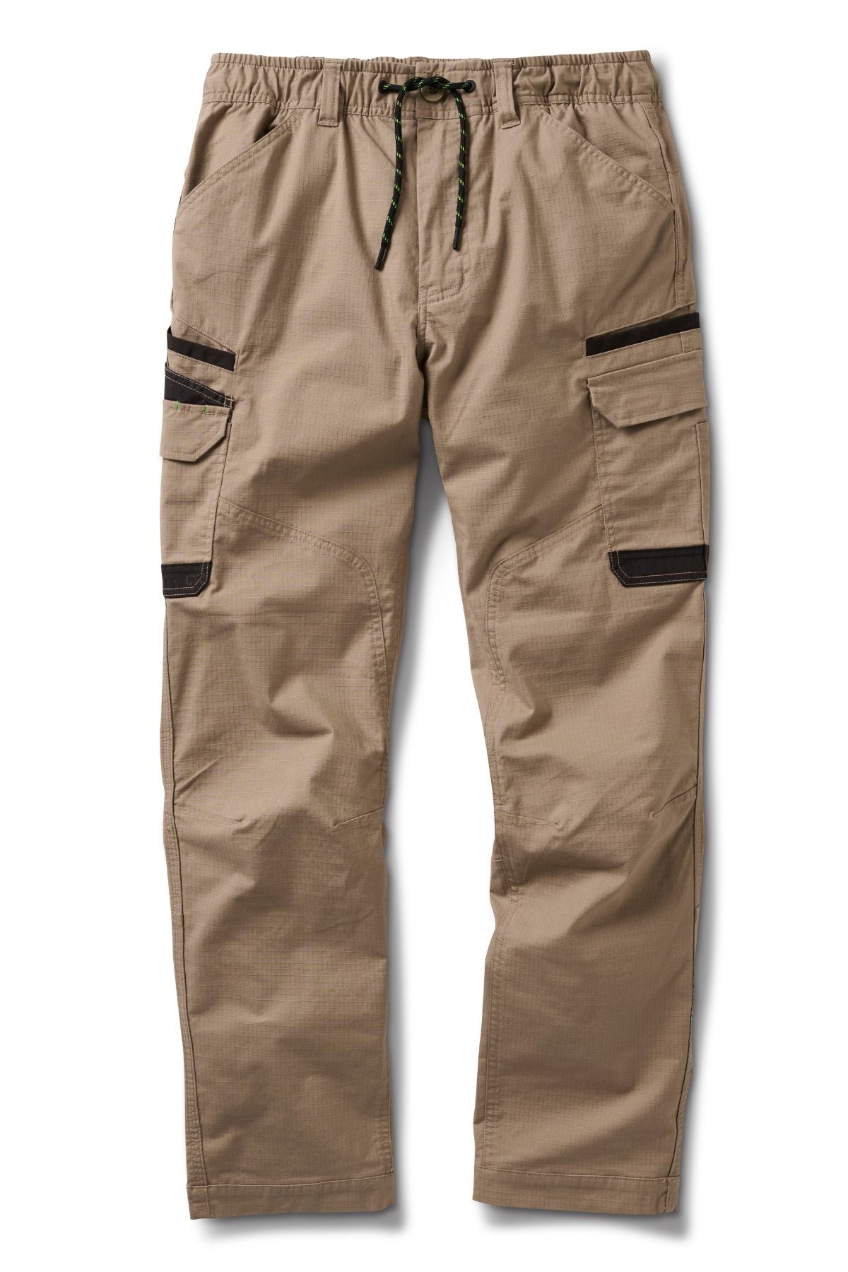 The FXD WP-12 tan utility work pants, made from durable stretch ripstop fabric, feature an elastic waistband with a green drawstring and multiple zippered pockets on the sides and front, shown laid flat on a white background.