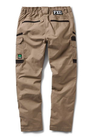A pair of tan FXD WP-12 utility work pants in stretch ripstop fabric, with multiple pockets, black details, and a green FXD logo patch on the left leg, shown flat with the back side facing up.