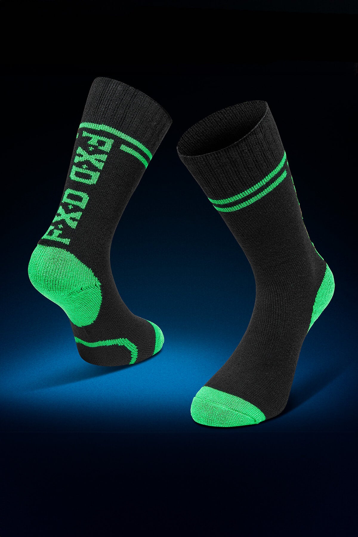 The FXD SK-9W Bamboo Crew Sock 2 Pack features black crew socks with bright green accents and stripes, “FROST” in bold green on the sole, a padded foot bed for comfort, shown on a gradient blue background.