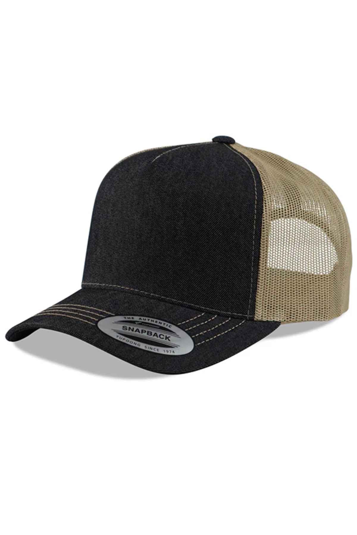 A FlexFit American Stitch Trucker Cap in black and khaki is shown, featuring a mesh back and a snapback strap. The solid black front panel and stitched peak complement the modern headwear label with "Snapback" attached to the brim.