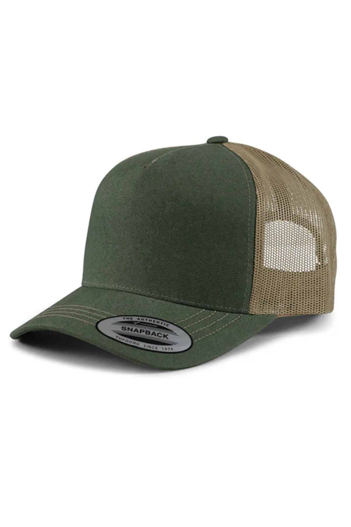 The FlexFit American Stitch Trucker Cap is a high-profile green and beige cap with a curved brim, featuring a solid green front panel and a beige mesh back. It offers a perfect fit with its snapback strap, and the brim has a sticker that reads "Snapback.