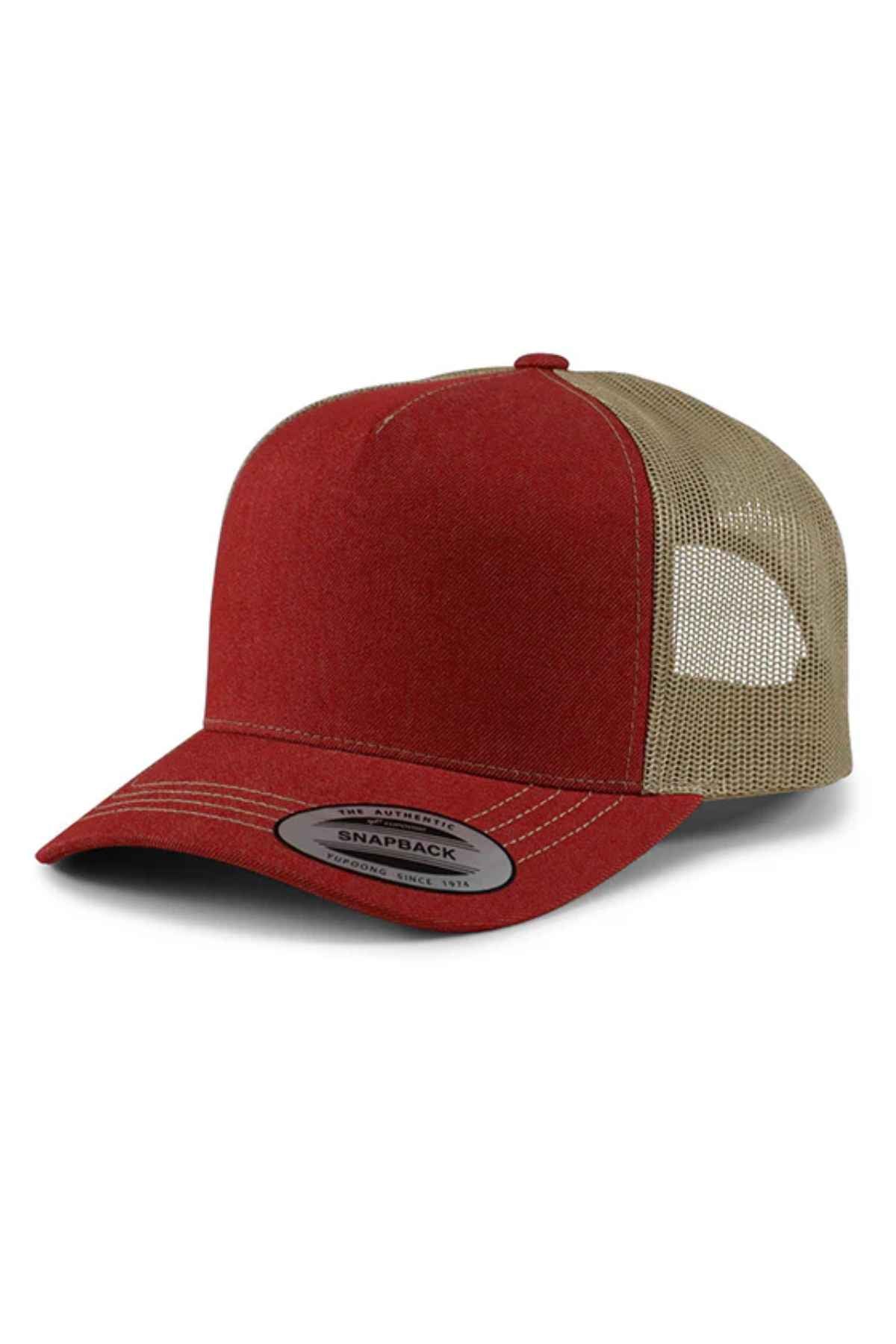 The FlexFit American Stitch Trucker Cap is showcased, featuring a striking red front panel and a tan mesh back. It boasts a curved bill with a "Snapback Strap" sticker on the brim, embodying contemporary style in modern headwear.