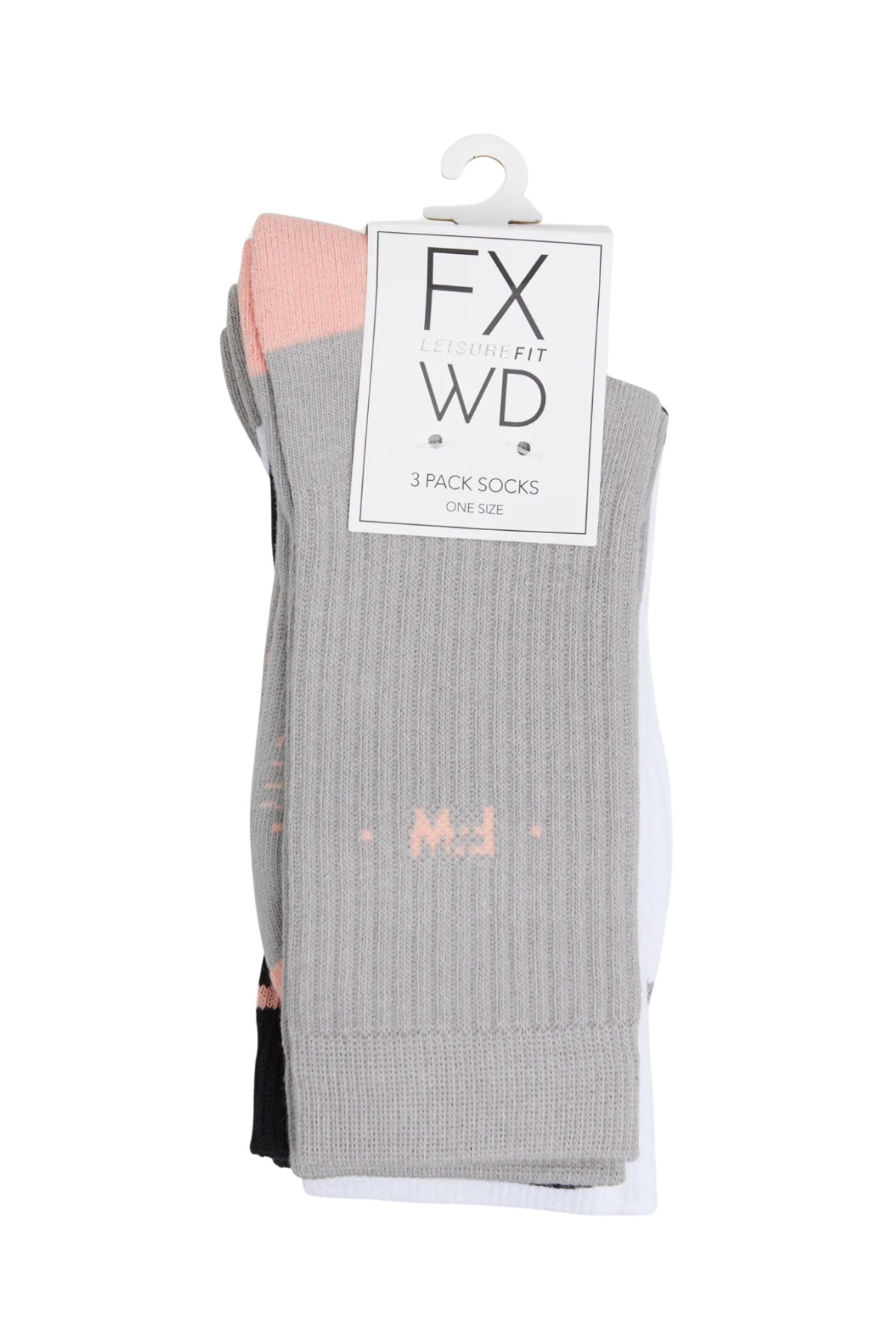 A three-pack of Foxwood Mixed Tube Sock in grey, pink, and black with contrast heel and toe, shown in packaging with a hanger, labeled as one size.