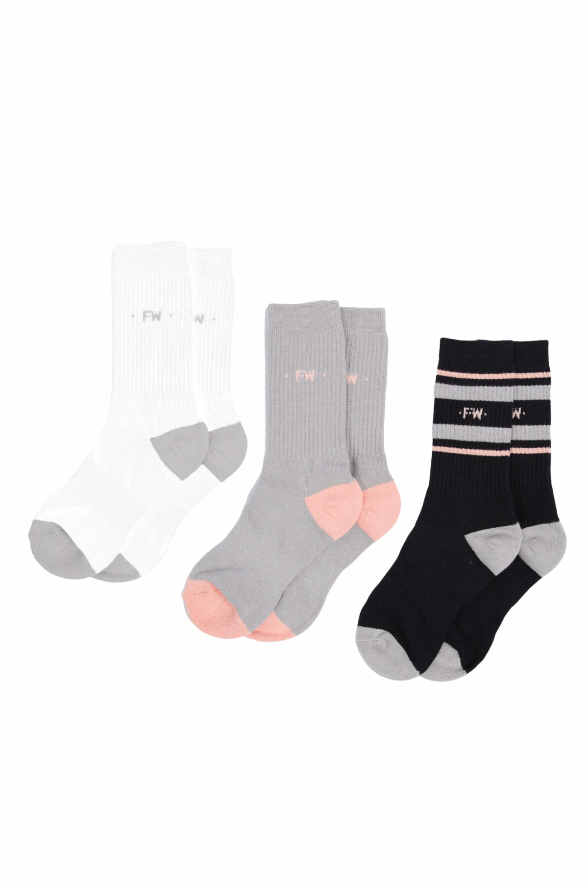 Foxwood Mixed Tube Sock 3pk: three pairs in white/gray, light gray/pink, and black/gray—each with pink and white stripes at the top, contrast heel/toe, and a subtle Foxwood logo.