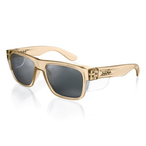 SafeStyle Fusions sunglasses with a champagne gold frame, tinted rectangular lenses, side shields, and brand logo on the arms are shown on a white background with a reflection below.