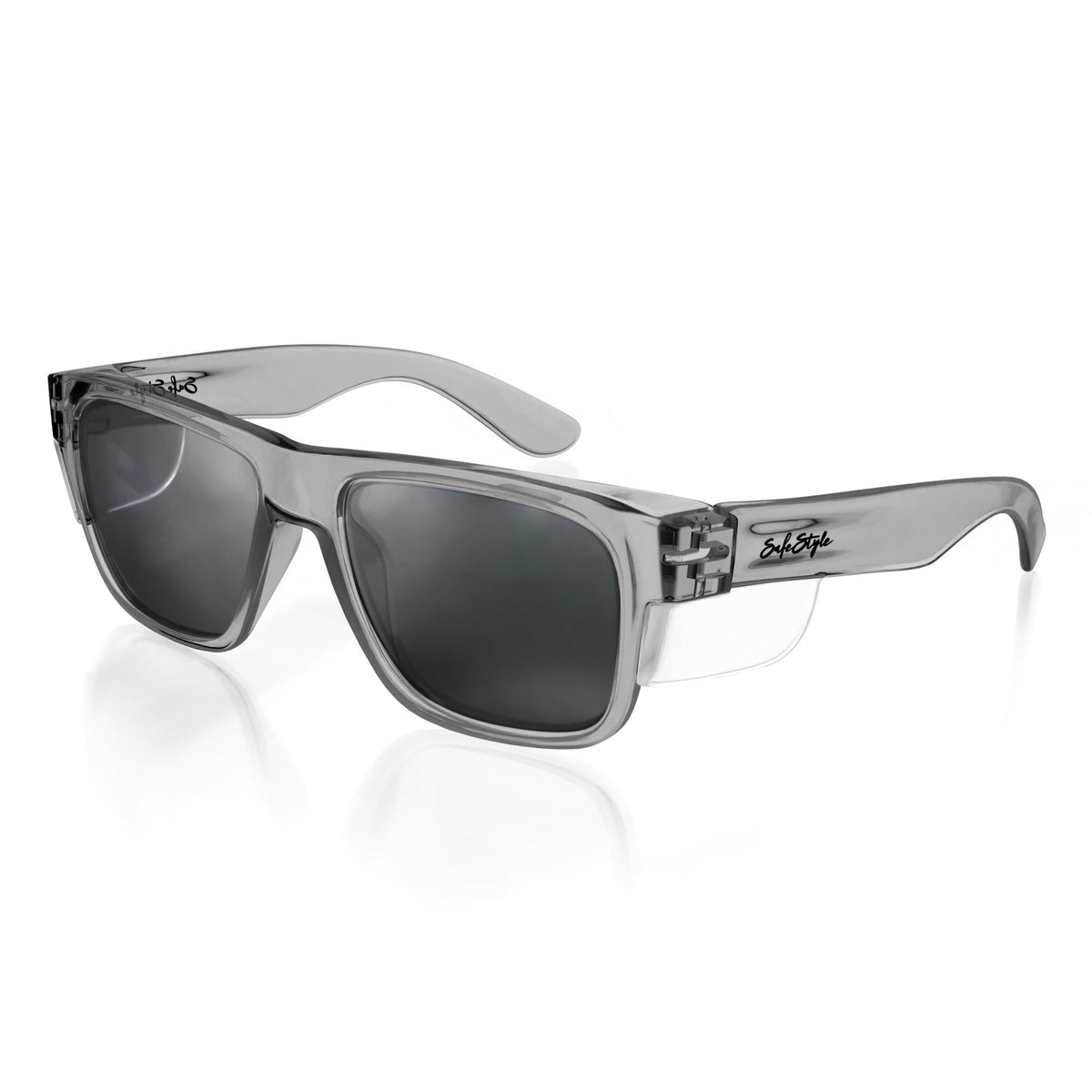 Gray square-framed sunglasses with polycarbonate frames, dark UV-protective lenses, and signature temple arms are captured against a white background. Product Name: SafeStyle Fusions Graphite Frame Polarised Lens.