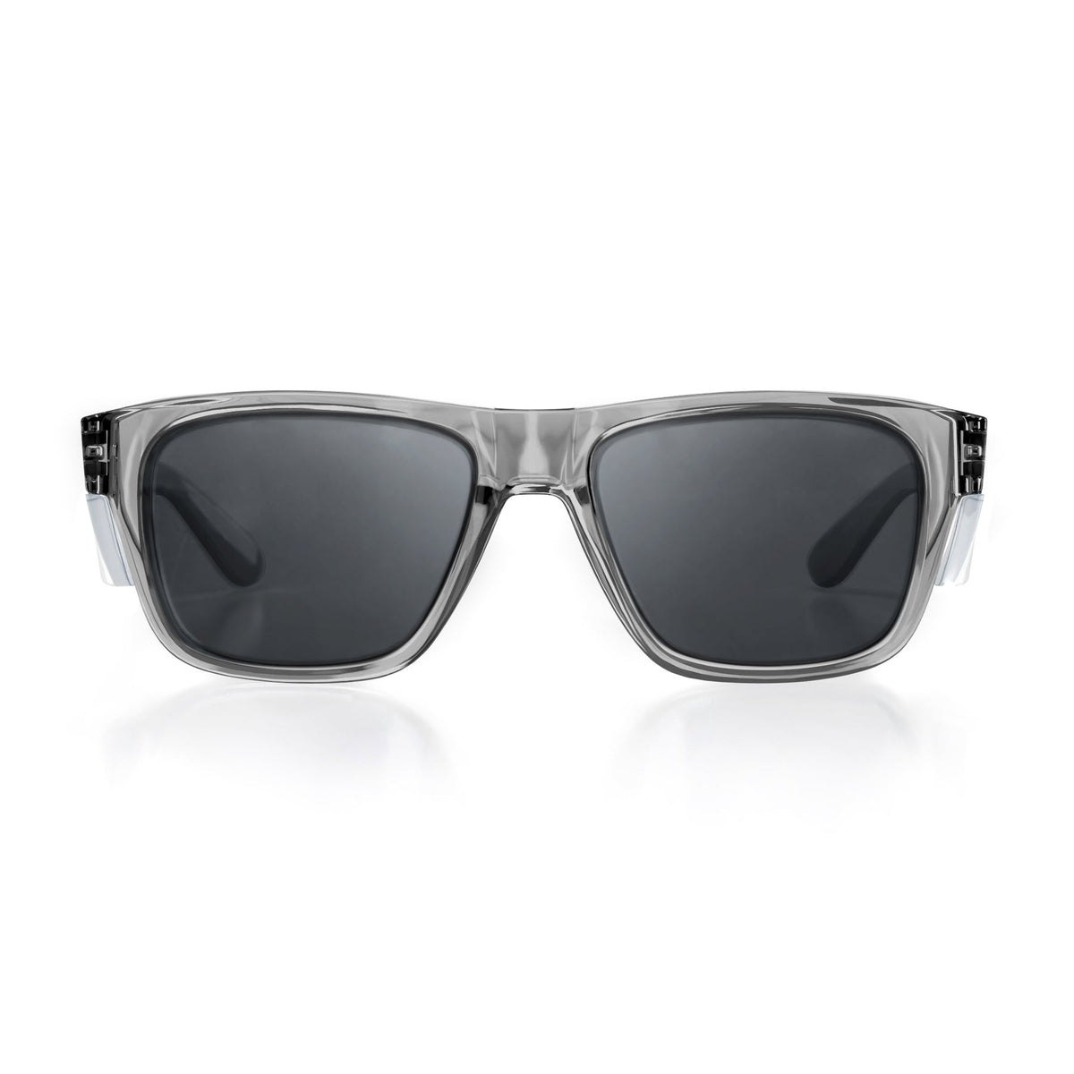 The SafeStyle Fusions feature square transparent polycarbonate frames with dark, polarized lenses for UV protection, shown front-facing on a white background.