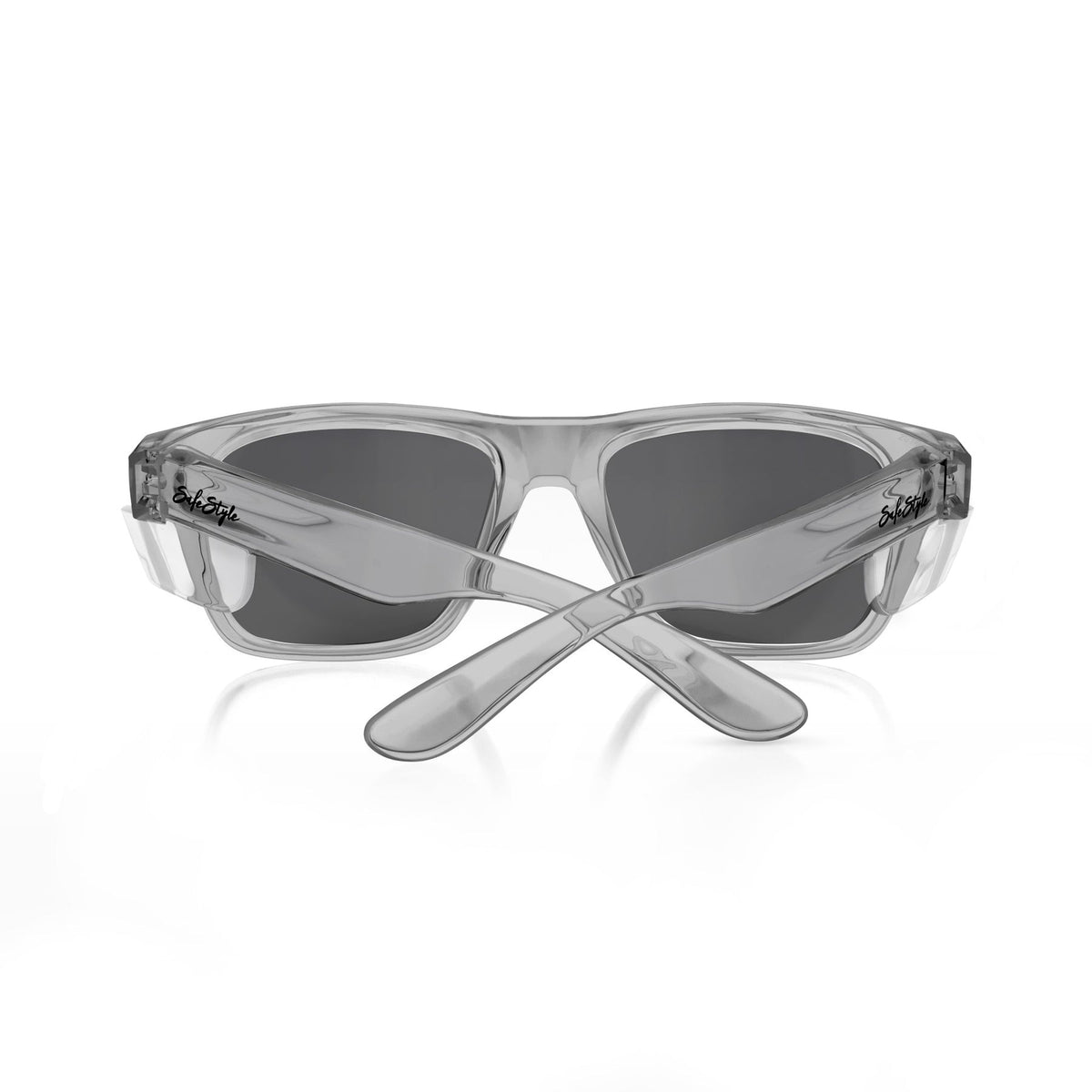 SafeStyle Fusions feature clear, rectangular sunglasses with polycarbonate frames and dark polarized lenses. Crossed temples have a small black logo, providing style and UV protection.