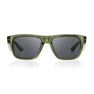 The SafeStyle Fusions sunglasses feature green-tinted, rectangular lenses with UV400 protection and polycarbonate frames with white hinges, shown front-facing on a plain white background.