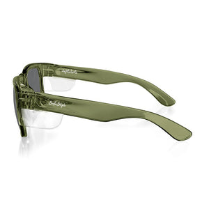 Side view of SafeStyle Fusions Green Frame sunglasses with polarised dark lenses and wide transparent polycarbonate arms, featuring a cursive logo on the side. The modern, sleek design offers UV400 protection.