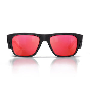 Display a pair of SafeStyle Fusions with a matte black frame and mirror red polarised lenses against a white background. The reflective lenses offer UV protection and create a stylish, modern look.