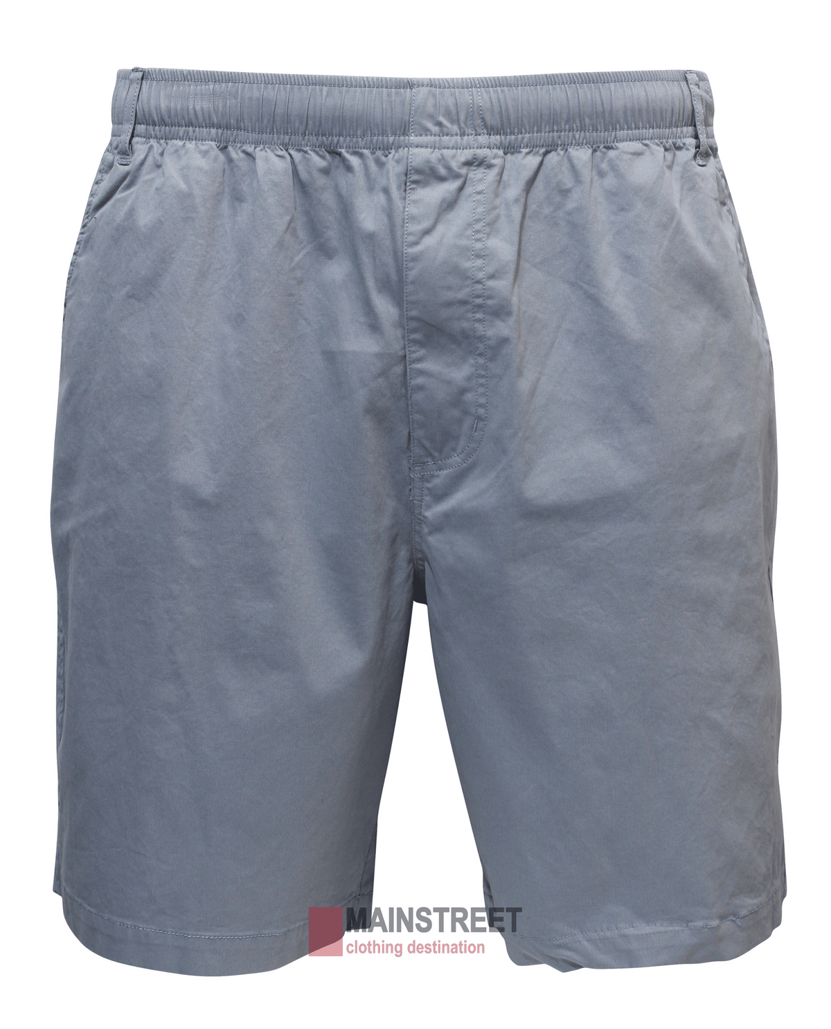 The Back Bay Cotton Elastic Bedford Short for men features an elastic waistband, two side pockets, and a relaxed fit. Made from 100% cotton, these gray shorts offer ultimate comfort and casual style, perfect for any laid-back occasion. Displayed on a plain white background.
