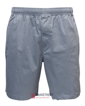 The Back Bay Cotton Elastic Bedford Short for men features an elastic waistband, two side pockets, and a relaxed fit. Made from 100% cotton, these gray shorts offer ultimate comfort and casual style, perfect for any laid-back occasion. Displayed on a plain white background.