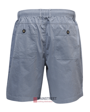 The Back Bay Cotton Elastic Bedford Short offers style and comfort. These gray men's shorts are made from 100% cotton, featuring an elastic waistband and two buttoned back pockets. Displayed on a white background with the "MAINSTREET clothing destination" logo below.