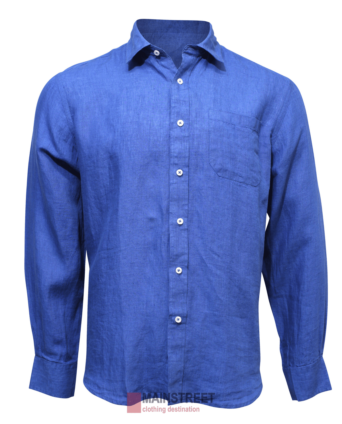 The Back Bay Linen Shirt is a blue button-up with long sleeves, a chest pocket, and a collar. Its textured fabric ensures comfort and style, ideal for a sophisticated look. Presented on a white background with the "Mainstreet Clothing Destination" logo at the bottom.