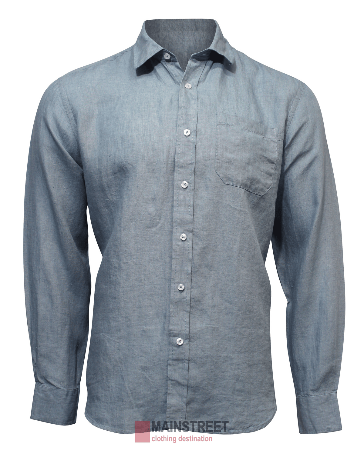 The Back Bay Linen Shirt is a blue-gray, long-sleeve shirt crafted from 100% linen, featuring a single chest pocket and combining comfort with style. Displayed on a mannequin, it bears the "MAINSTREET clothing destination" label at the bottom.
