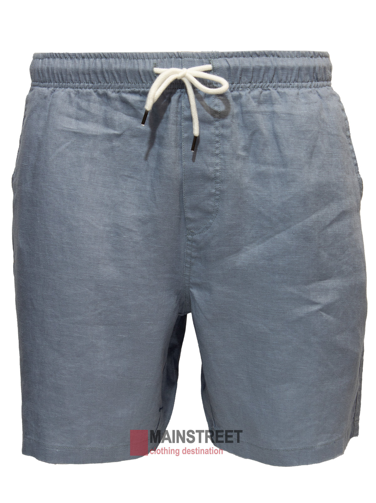 The Back Bay Linen Elastic Waist Short features light blue, breathable linen, an elastic waistband, side pockets, and a relaxed fit. The MAINSTREET clothing destination logo is displayed at the bottom center of the image.