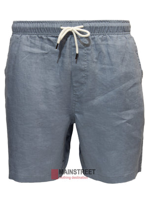 The Back Bay Linen Elastic Waist Short features light blue, breathable linen, an elastic waistband, side pockets, and a relaxed fit. The MAINSTREET clothing destination logo is displayed at the bottom center of the image.