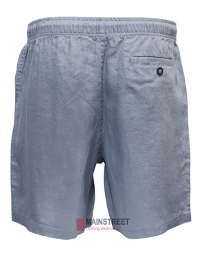 The Back Bay Linen Elastic Waist Short for men, shown in light gray from the back, features a single buttoned back pocket and is made with breathable fabric for all-day comfort.