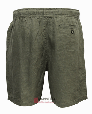 The Back Bay Linen Elastic Waist Short in olive green for men offers an adjustable fit, breathable fabric, side pockets, and a buttoned back pocket, shown against a plain white background.