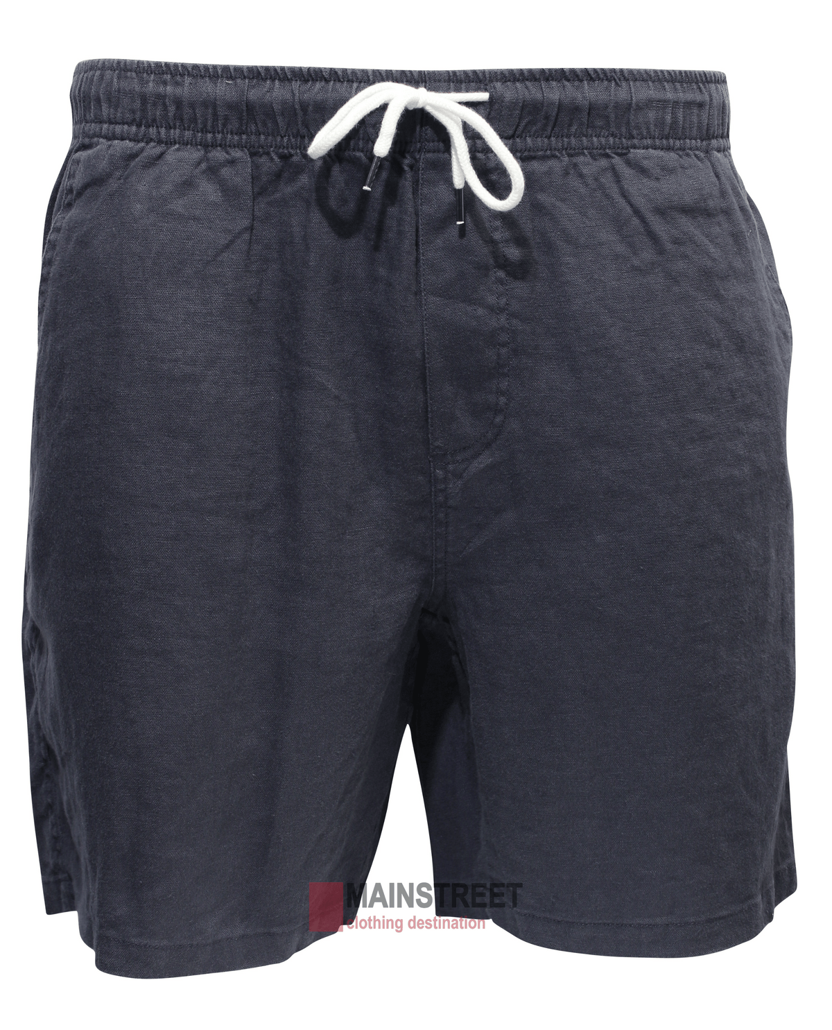 The Back Bay Linen Elastic Waist Short in navy blue is crafted from breathable fabric, featuring an elastic waistband and white drawstring. With a casual fit, these men's shorts are perfect for everyday wear.