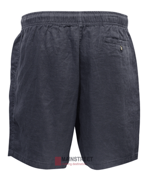 The Back Bay Linen Elastic Waist Short for men features a dark grey color, an elastic waistband, a back buttoned pocket, and the "Mainstreet" logo at the hem. Its breathable fabric guarantees comfort on warm days.