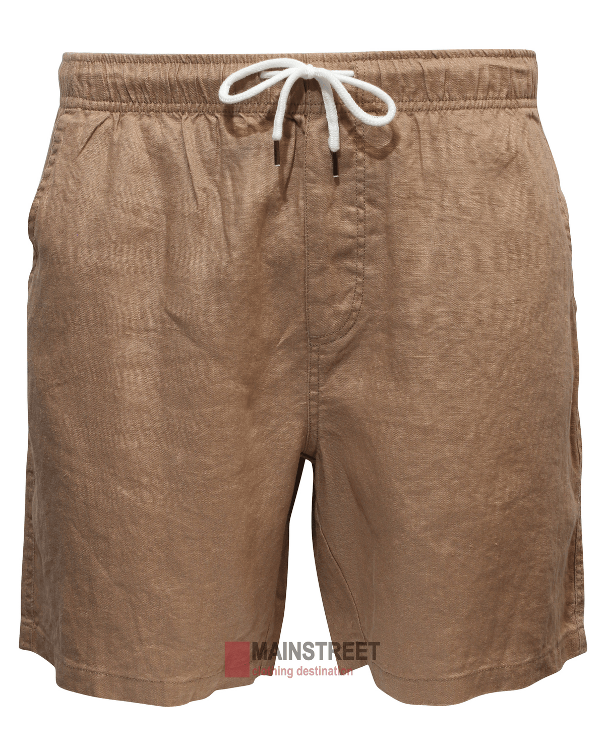 The Back Bay Linen Elastic Waist Short for men features a light brown color, elastic waist with white drawstring, side pockets, and a lightweight, breathable fabric with a slightly wrinkled look, shown on a plain white background.