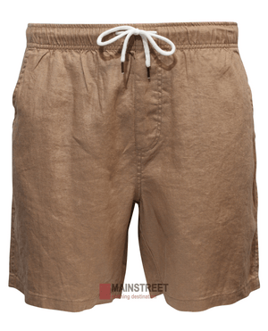 The Back Bay Linen Elastic Waist Short for men features a light brown color, elastic waist with white drawstring, side pockets, and a lightweight, breathable fabric with a slightly wrinkled look, shown on a plain white background.