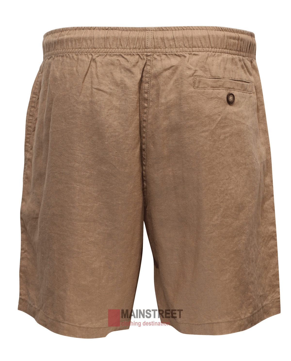 The Back Bay Linen Elastic Waist Short is a light brown men’s short crafted from breathable linen, featuring an elastic waistband and a right back pocket with button closure, shown against a white background.