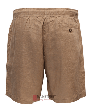 The Back Bay Linen Elastic Waist Short is a light brown men’s short crafted from breathable linen, featuring an elastic waistband and a right back pocket with button closure, shown against a white background.