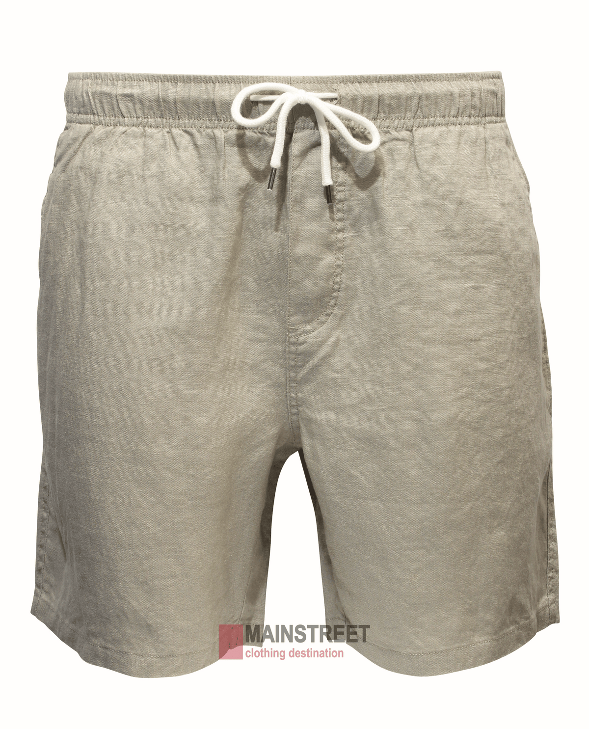 The Back Bay Linen Elastic Waist Short is a pair of beige, lightweight, breathable linen shorts with an elastic waistband and drawstring. They feature a simple, casual design and have a small logo at the hem.