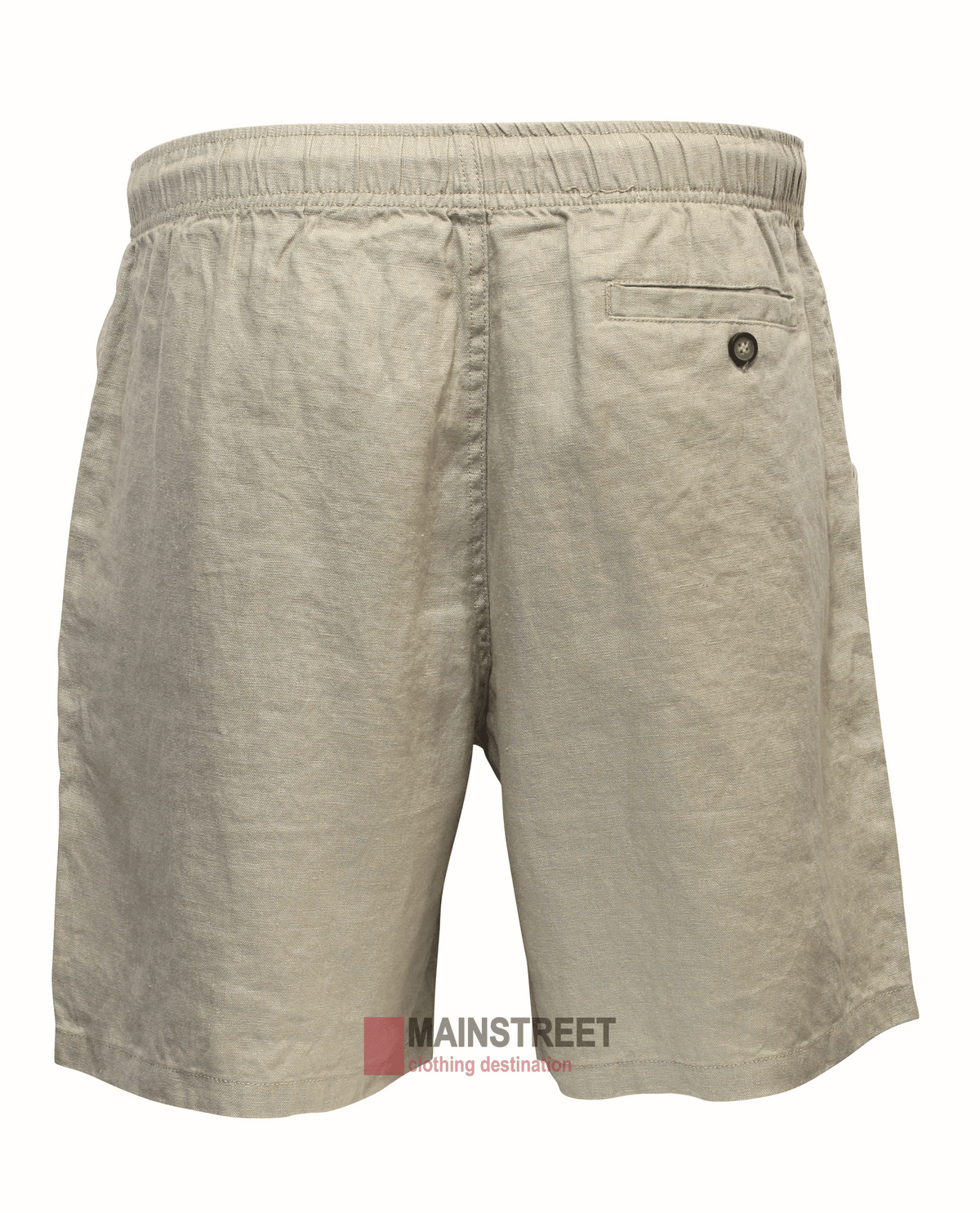 Back Bay Linen Elastic Waist Short, made from breathable fabric, offers an adjustable fit, single buttoned back pocket, and a subtle "MAINSTREET" logo near the hem. Shown on a plain white background.