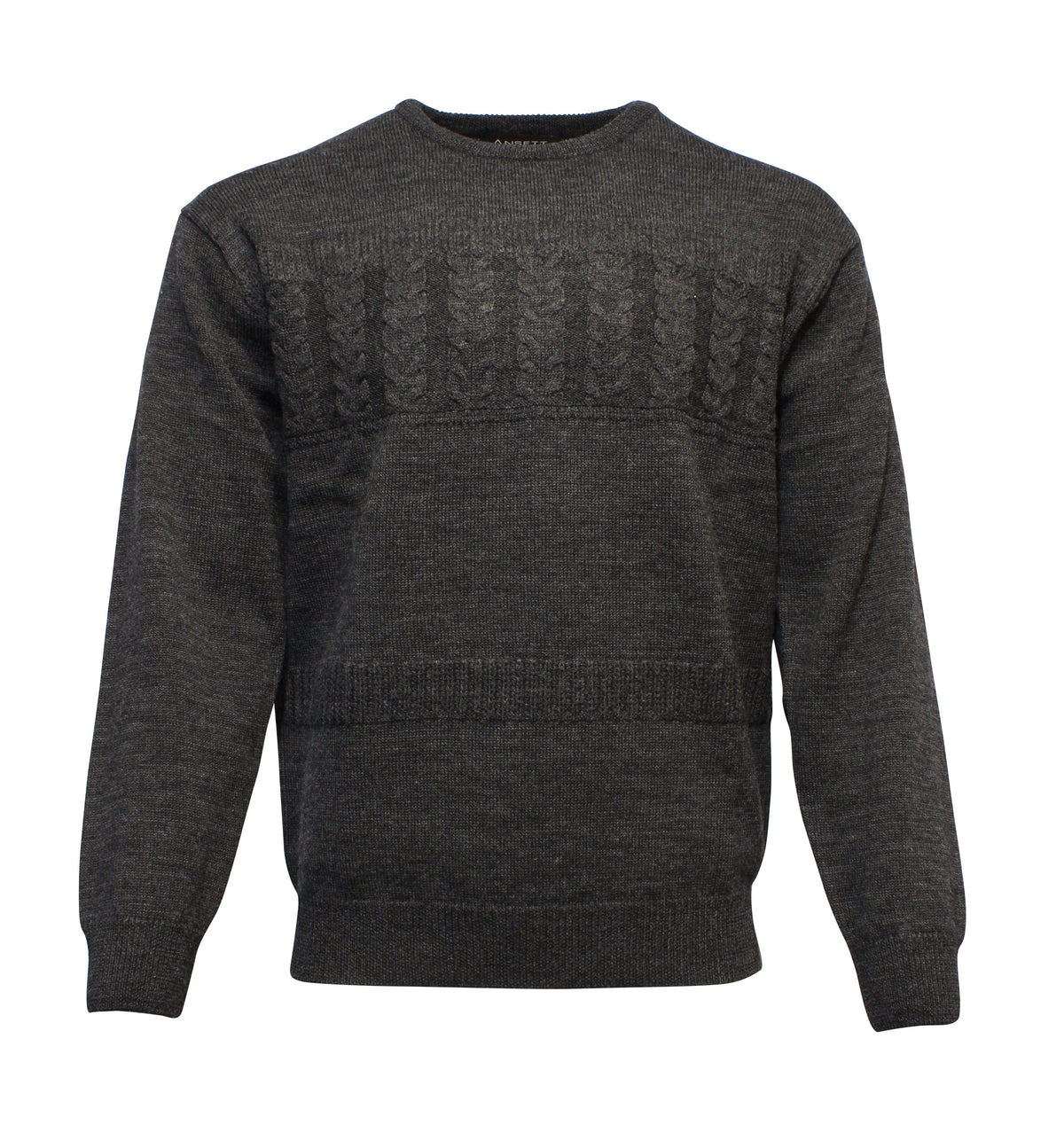 The Ansett Pure New Wool Crew Neck Knit is a charcoal gray sweater with intricate cable knit detailing on the chest and features ribbed cuffs, neckline, and hem for a classic, cozy look.