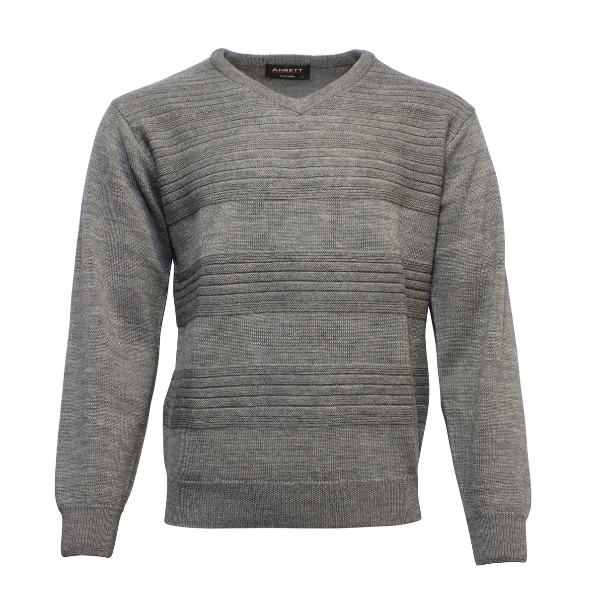 The Ansett Pure New Wool Vee Neck Knit in gray showcases a ribbed texture with horizontal stripes across the chest and sleeves, featuring long, fitted sleeves and a straight hem for a refined look.