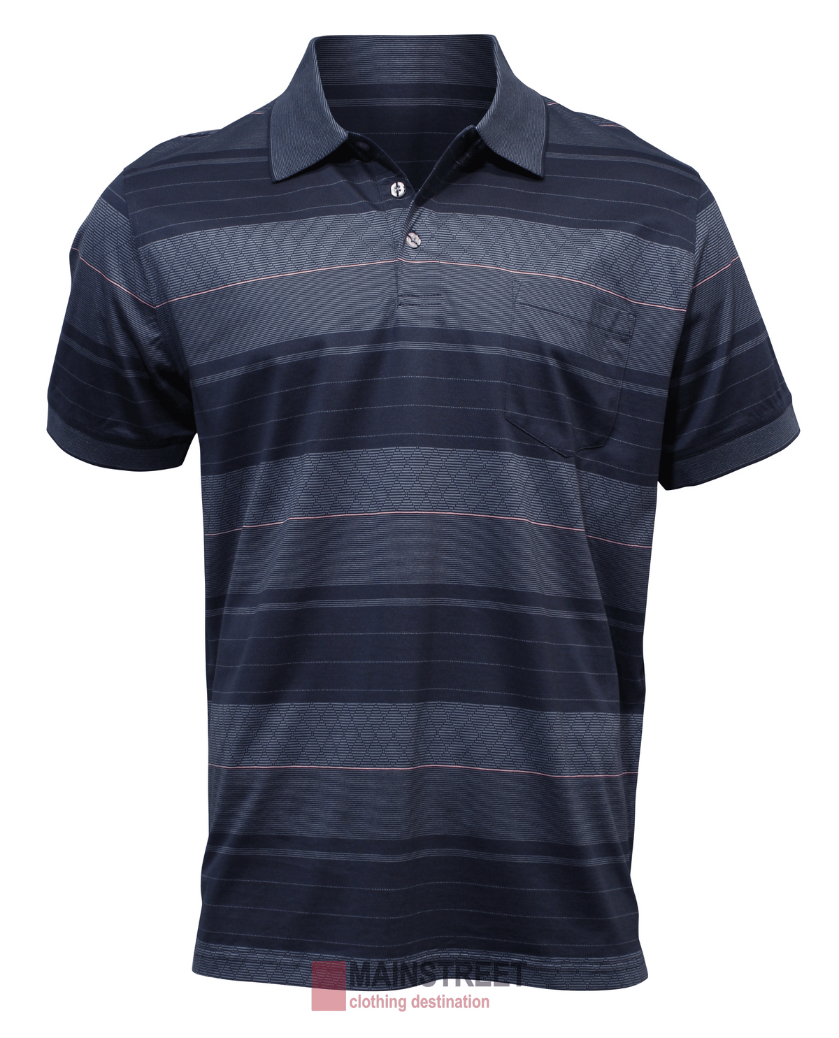The Back Bay Mercerised Cotton Striped Polo is a short-sleeved, navy blue shirt featuring a collar, chest pocket, and subtle horizontal stripes for timeless style.