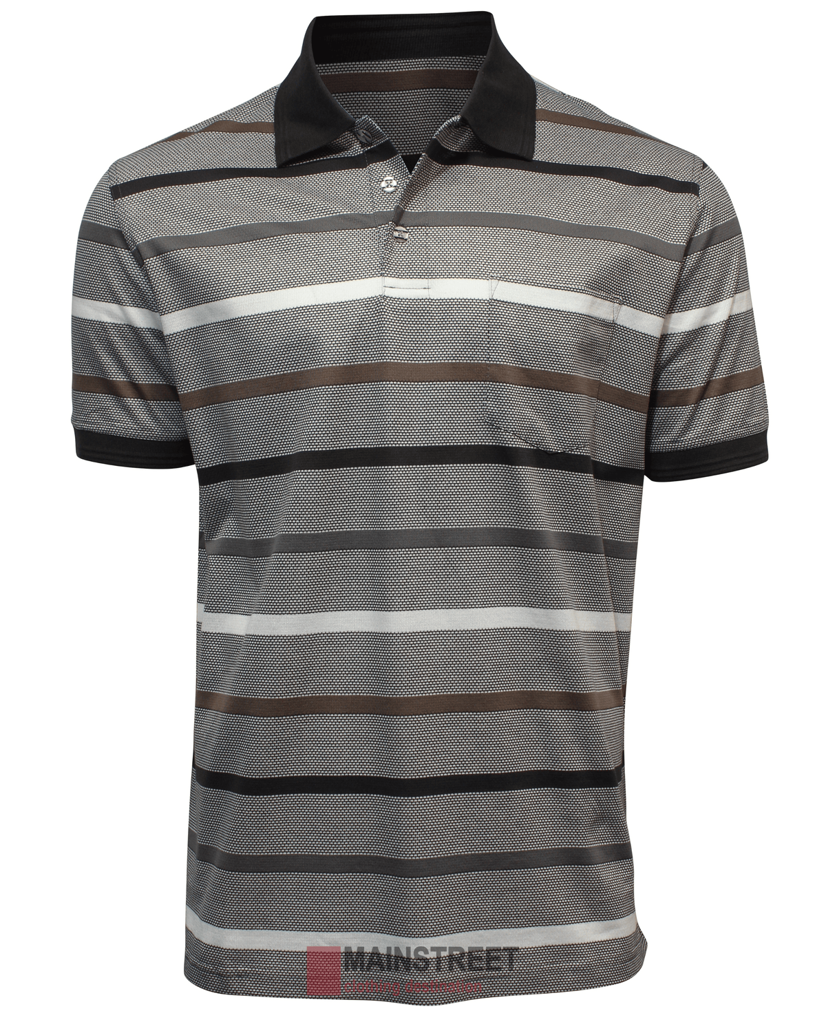 The Back Bay Mercerised Cotton Striped Polo features short sleeves, a black collar, gray/white/brown horizontal stripes, and a left chest pocket. The "MAINSTREET" branding appears at the hem for a classic finish.