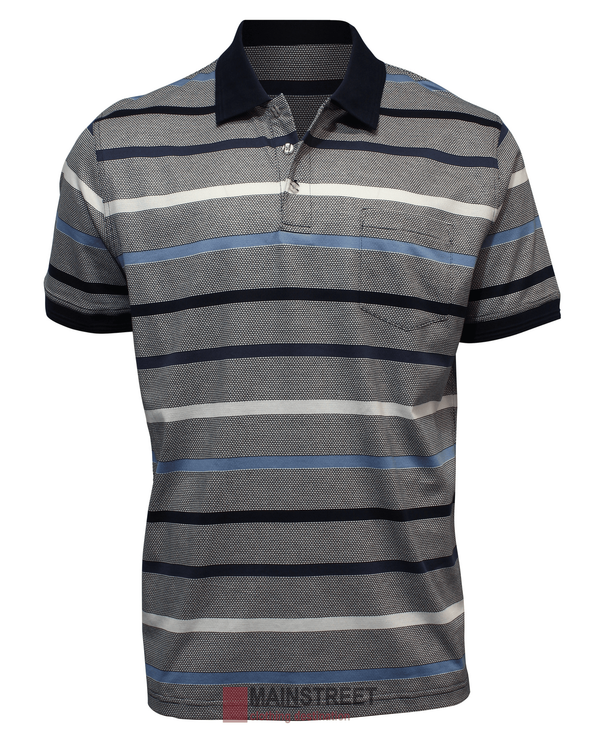 The Back Bay Mercerised Cotton Striped Polo is a short-sleeved shirt made from soft mercerised cotton, featuring horizontal stripes in gray, blue, white, and black. It includes a dark collar and a small chest pocket for added style.